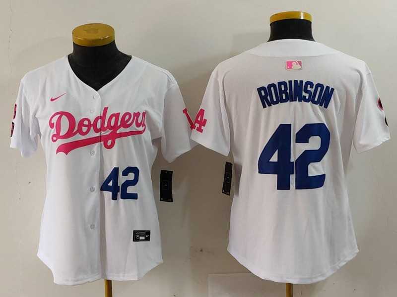 Women%27s Los Angeles Dodgers #42 Jackie Robinson White Pink With Patch Limited Stitched Jerseys